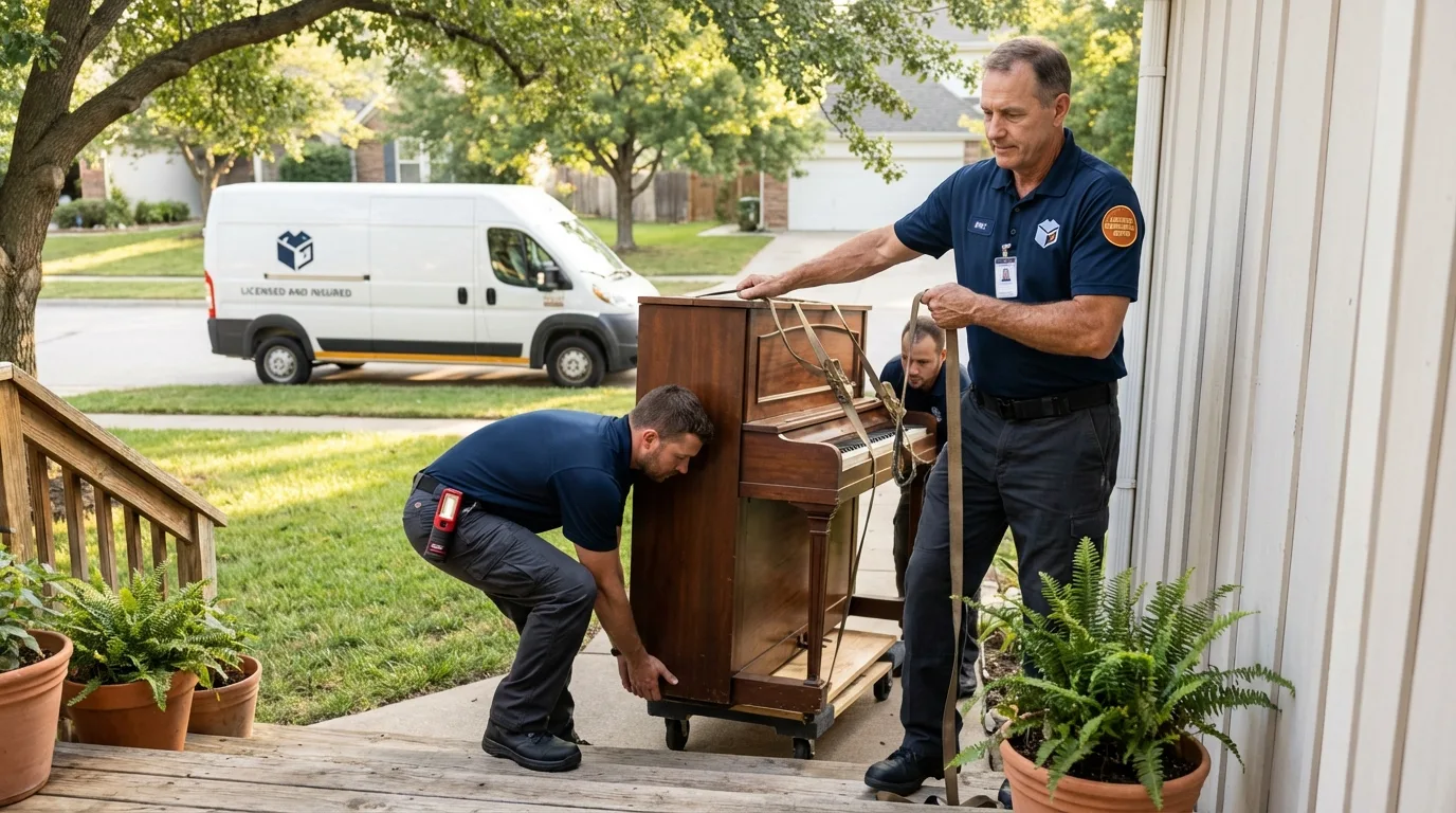 Licensed piano movers securing grand piano in Roslyn, NY