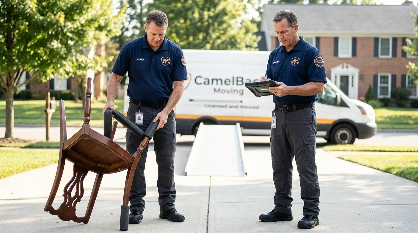 Movers inspecting furniture for damage prevention before loading in Roslyn, NY