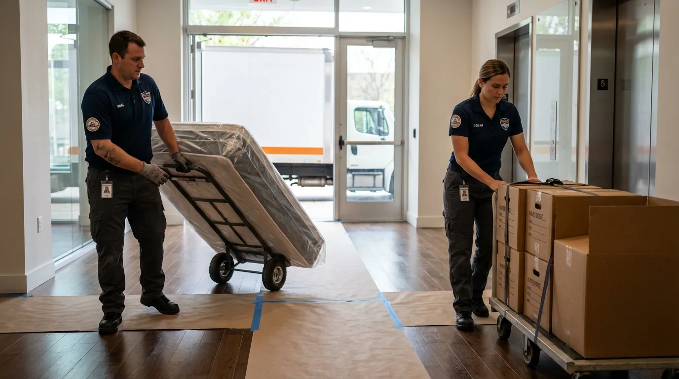 Professional apartment movers loading elevator in Roslyn, NY