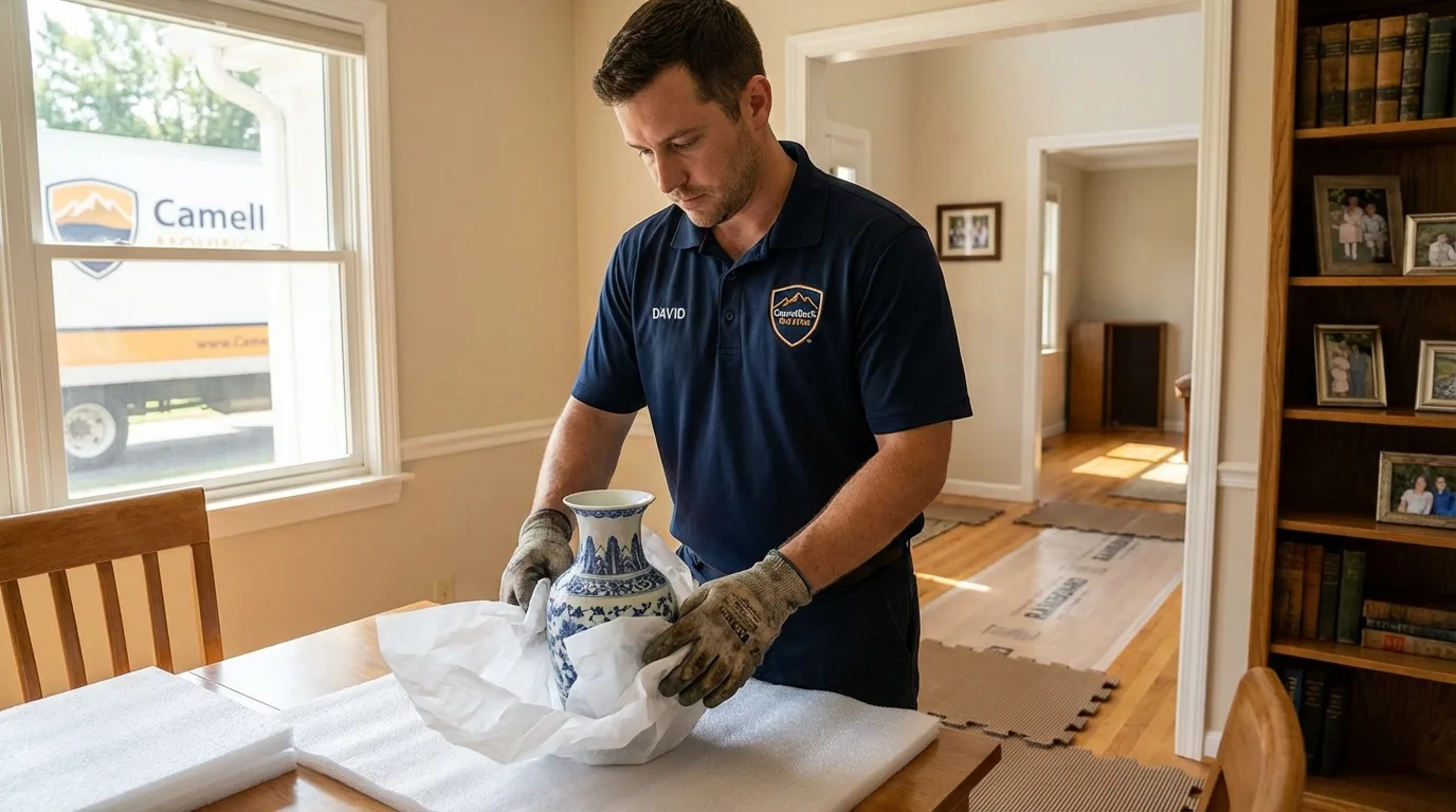 Professional crew carefully wrapping antique vase for senior downsizing move in Roslyn, NY
