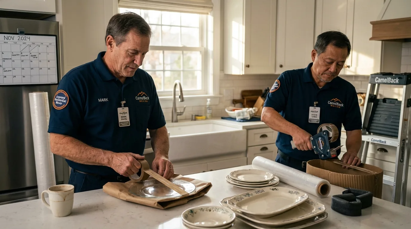 Professional crew packing kitchen dishware in Roslyn, NY